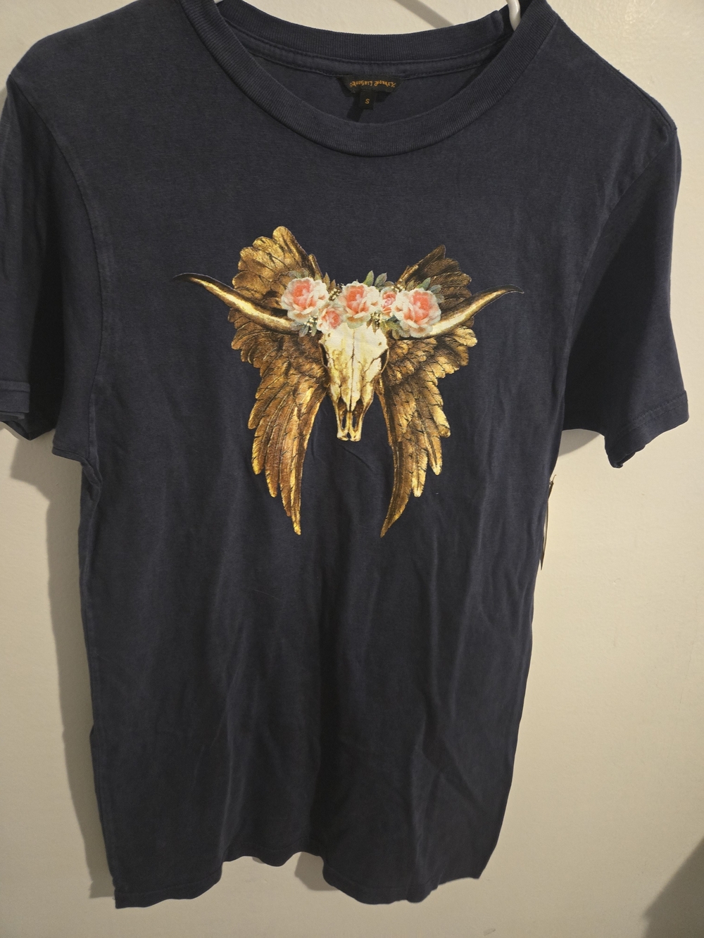 naughty monkey Navy Short Sleeve Tee with Gold Skull & Pink Floral Accent